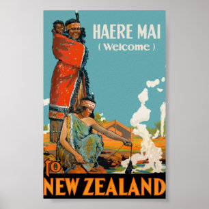 Vintage Travel New Zealand Haere Mai Welcome Maori Poster