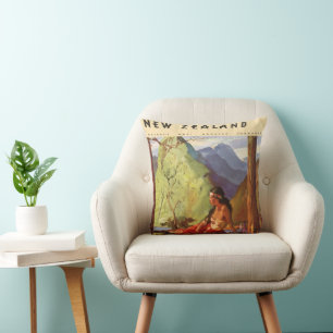 Vintage Travel, New Zealand Landscape Native Woman Cushion