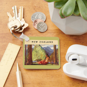 Vintage Travel, New Zealand Landscape Native Woman Key Ring