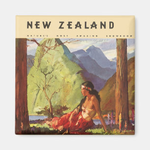 Vintage Travel, New Zealand Landscape Native Woman Magnet