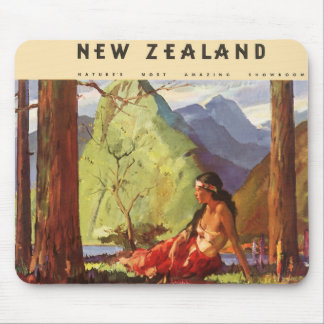 Vintage Travel, New Zealand Landscape Native Woman Mouse Mat