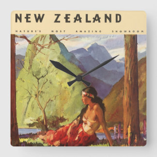 Vintage Travel, New Zealand Landscape Native Woman Square Wall Clock