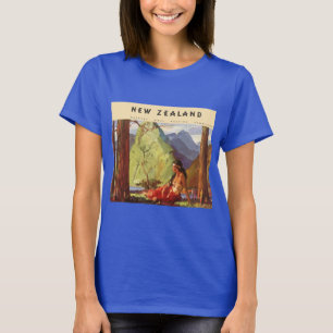 Vintage Travel, New Zealand Landscape Native Woman T-Shirt