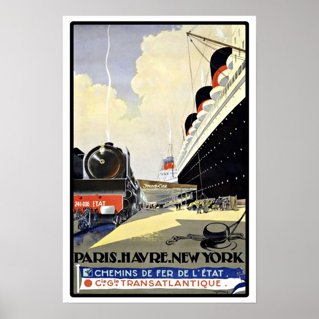 Vintage Travel Paris Havre New York Poster (Front)