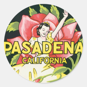 Vintage Travel, Pasadena California, Lady and Rose Classic Round Sticker
