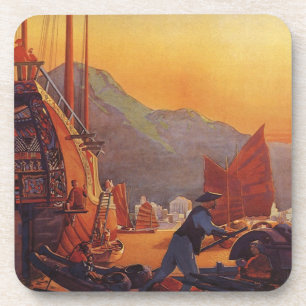 Vintage Travel, Plane Over Junks in Hong Kong Coaster
