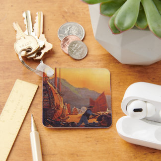 Vintage Travel, Plane Over Junks in Hong Kong Key Ring