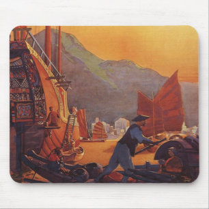 Vintage Travel, Plane Over Junks in Hong Kong Mouse Mat
