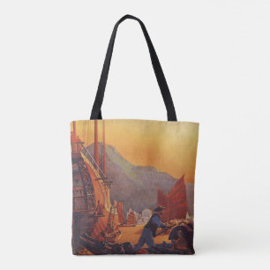 Vintage Travel, Plane Over Junks in Hong Kong Tote Bag