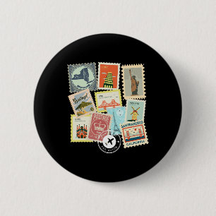 Vintage Travel Postage Stamps Vacation Philatelic 6 Cm Round Badge