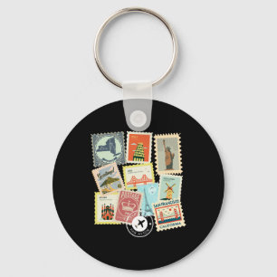 Vintage Travel Postage Stamps Vacation Philatelic  Key Ring