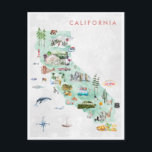 Vintage Travel Postcard | California<br><div class="desc">A perfect piece of art for anyone that loves California. Featuring watercolor illustrated map of all the favourite landmarks. Add your custom wording to this design by using the "Edit this design template" boxes on the right-hand side of the item or click the blue "Customise it" button to arrange the...</div>