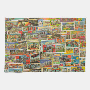 Vintage Travel Postcards Kitchen Hand Towel