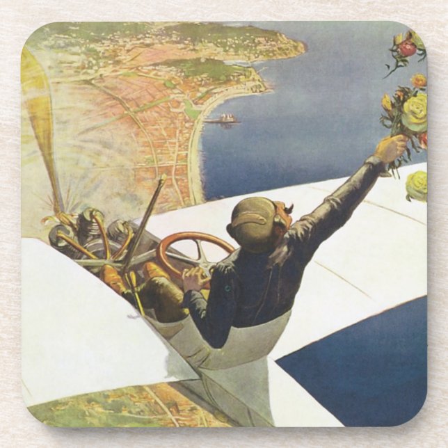 Vintage Travel Poster, Airplane over Nice France Coaster (Front)