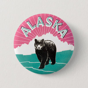 Vintage Travel Poster, Alaska Black Bear in Snow 6 Cm Round Badge