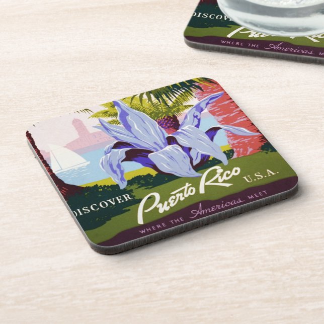 Vintage Travel Poster Art, Discover Puerto Rico! Coaster (Left Side)