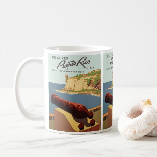 Vintage Travel Poster Art, Discover Puerto Rico! Coffee Mug (With Donut)