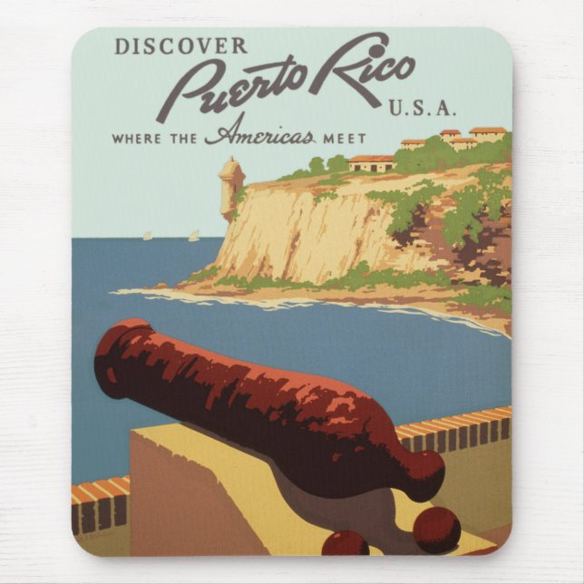 Vintage Travel Poster Art, Discover Puerto Rico! Mouse Mat (Front)