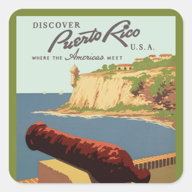 Vintage Travel Poster Art, Discover Puerto Rico! Square Sticker (Front)