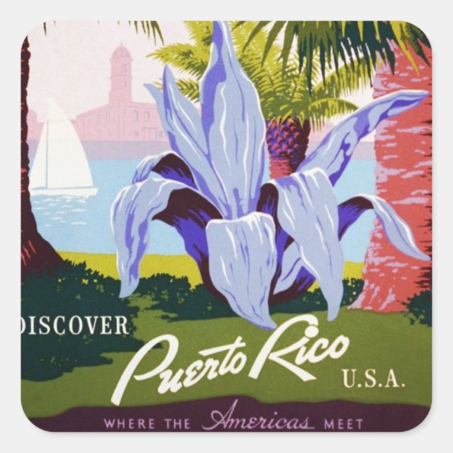 Vintage Travel Poster Art, Discover Puerto Rico! Square Sticker (Front)