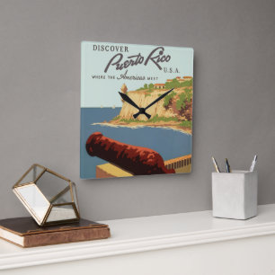 Vintage Travel Poster Art, Discover Puerto Rico! Square Wall Clock