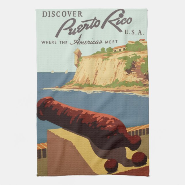 Vintage Travel Poster Art, Discover Puerto Rico! Tea Towel (Vertical)