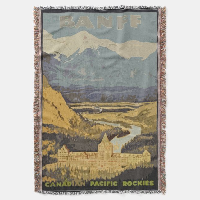 Vintage Travel Poster Banff Canadian Rockies Throw Blanket (Front Vertical)