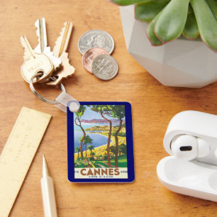 Vintage Travel Poster, Beach in Cannes, France Key Ring