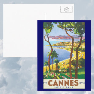 Vintage Travel Poster, Beach in Cannes, France Postcard