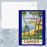 Vintage Travel Poster, Beach in Cannes, France Postcard<br><div class="desc">Vintage illustration Travel Poster from Cannes,  France with a beautiful view through the trees of the beach on the Mediterranean sea.</div>