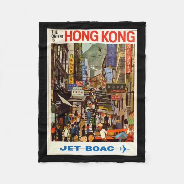 Vintage Travel Poster Hong Kong Street Fleece Blanket (Front)