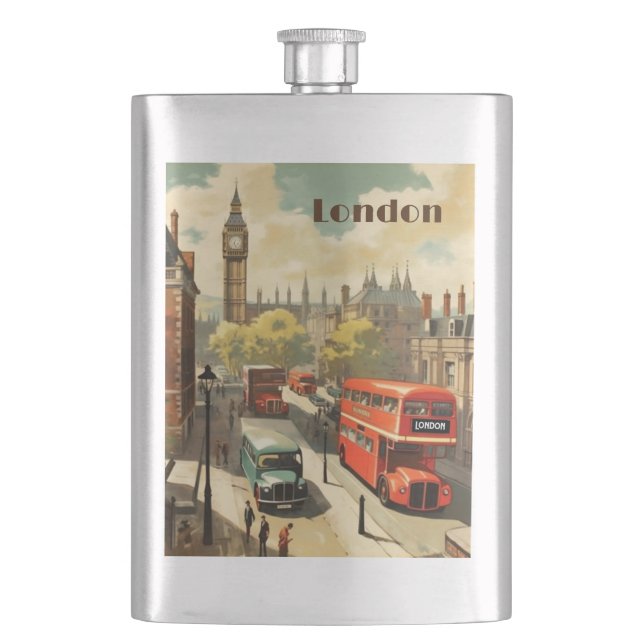 Vintage Travel Poster London City Centre Hip Flask (Front)