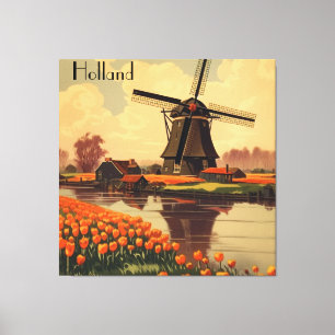 Vintage Travel Poster of Holland, tulips and mills Canvas Print