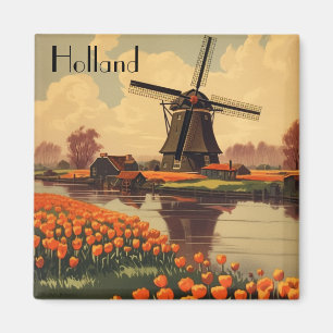 Vintage Travel Poster of Holland, tulips and mills Magnet