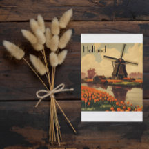 Vintage Travel Poster of Holland, tulips and mills