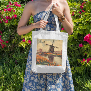 Vintage Travel Poster of Holland, tulips and mills Tote Bag