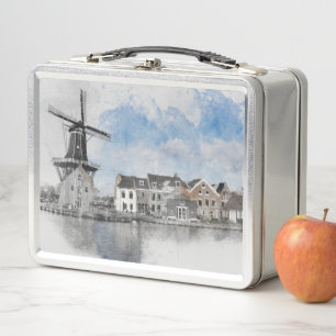 Vintage Travel Poster of Netherlands and mill Metal Lunch Box