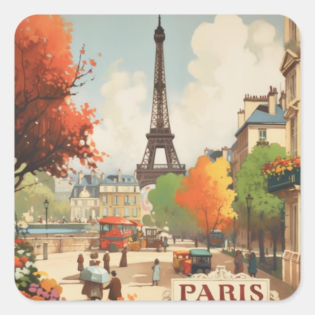 Vintage Travel Poster of the Paris Eifel Tower Square Sticker (Front)