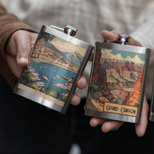 Vintage Travel Poster overlooking Monaco harbour Hip Flask