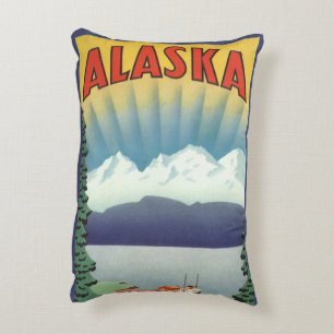 Vintage Travel Poster, Scenic Alaska Landscape Decorative Cushion