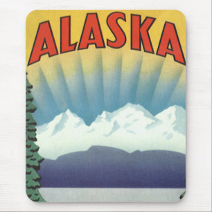 Vintage Travel Poster, Scenic Alaska Landscape Mouse Mat