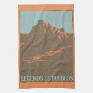 Vintage Travel Poster, Taos Pueblos, New Mexico Tea Towel