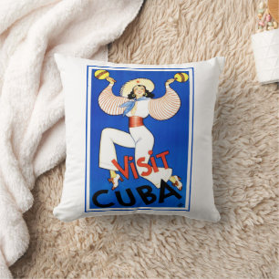 Vintage Travel Poster, Visit Havana Cuba, Maracas Cushion