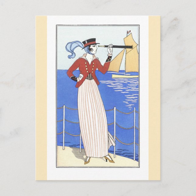 Vintage Travel Poster Woman at Sea Postcard (Front)