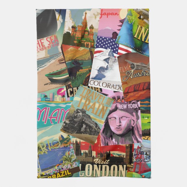 Vintage Travel Posters Tea Towel (Vertical)