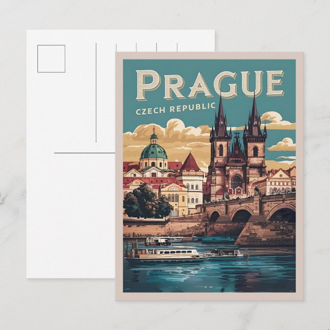 vintage travel prague czech republic gifts, boats postcard (Front/Back)