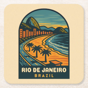 Vintage Travel Rio de Janeiro Copacabana Beach Square Paper Coaster