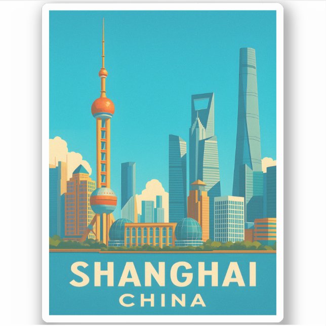 Vintage Travel Shanghai China Retro Scenic Skyline (Front)