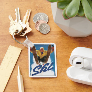 Vintage Travel, Sports Skier Skiing in Winter Snow Key Ring