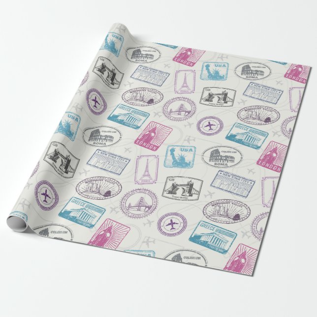 Vintage Travel/Stamps Wrapping Paper (Unrolled)